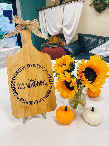 Friendsgiving Bamboo Cutting Board with Handle