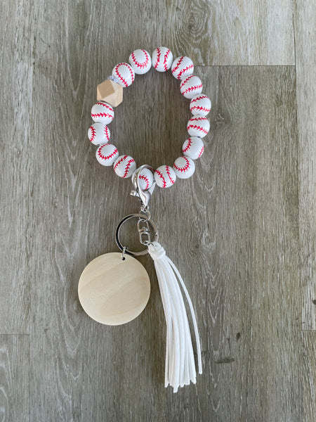 Baseball Wooden Bead Keychain Bracelet with Tread Tassel (read description)